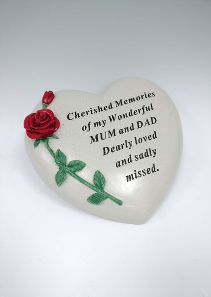 "Cherished Memories My Wonderful Mum & Dad" Red Rose Heart Memorial Grave Plaque