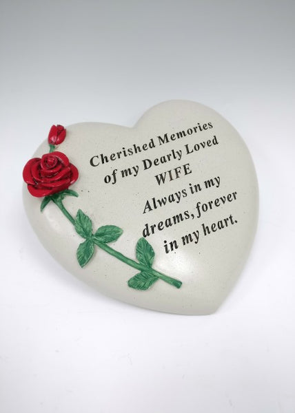 "Cherished Memories of My Dearly Loved Wife" Red Rose Love Heart Memorial Grave Plaque