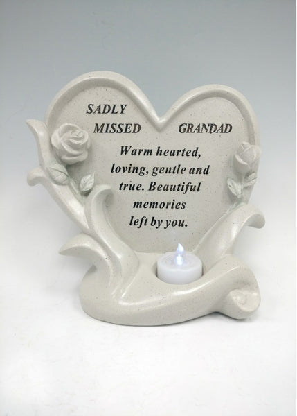 "Sadly Missed Grandad" Floral Love Heart Memorial Grave Plaque with LED Tea Light