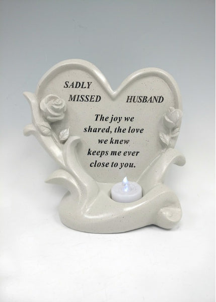 "Sadly Missed Husband" Rose Love Heart Memorial Grave Plaque with LED Tea Light