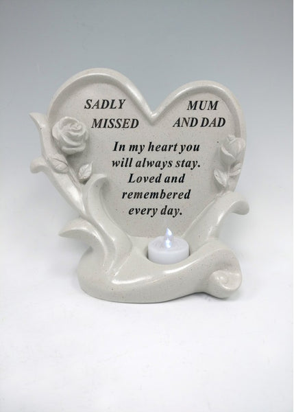 "Sadly Missed Mum & Dad" Floral Love Heart Memorial Grave Plaque with LED Tea Light