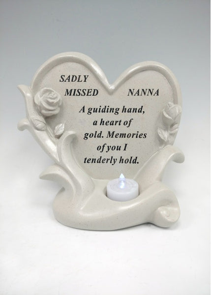 "Sadly Missed Nanna" Love Heart Shaped Floral Memorial Garden / Grave Plaque with LED Tea Light
