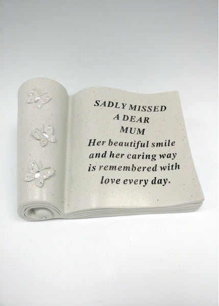 "Sadly Missed A Dear Mum" Diamante Butterfly Detailed Memorial Scroll Book Garden / Grave Plaque