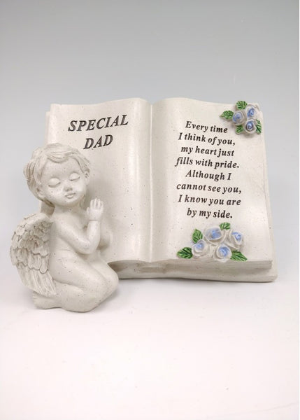 "Special Dad" Cherub Angel Roses Detailed Memorial Scroll Book Garden / Grave Plaque