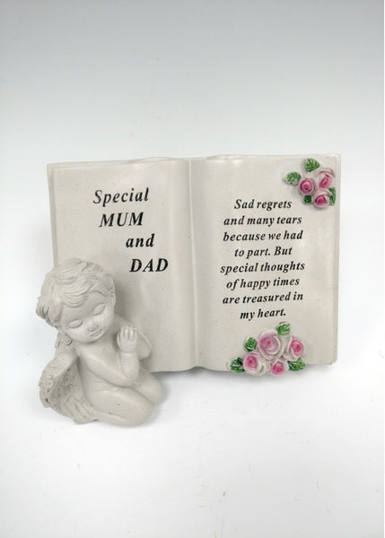 "Special Mum & Dad" Cherub Angel Roses Detailed Memorial Scroll Book Garden / Grave Plaque