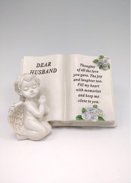 "Dear Husband" Blue Roses & Cherub Memorial Garden Open Book / Grave Plaque