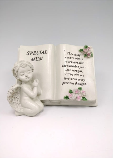"Special Mum" Cherub Angel Roses Detailed Memorial Scroll Book Garden / Grave Plaque