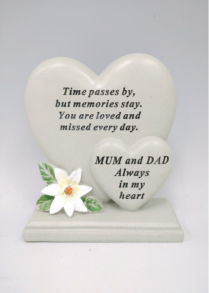 "Mum & Dad - Always in my Heart" White Floral Double Love Heart Memorial Grave Plaque