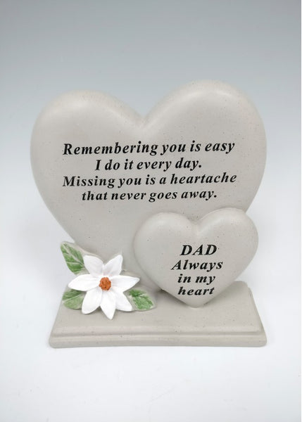 "Dad, Always in my Heart" Two Love Hearts White Flower Memorial Grave Plaque Ornament