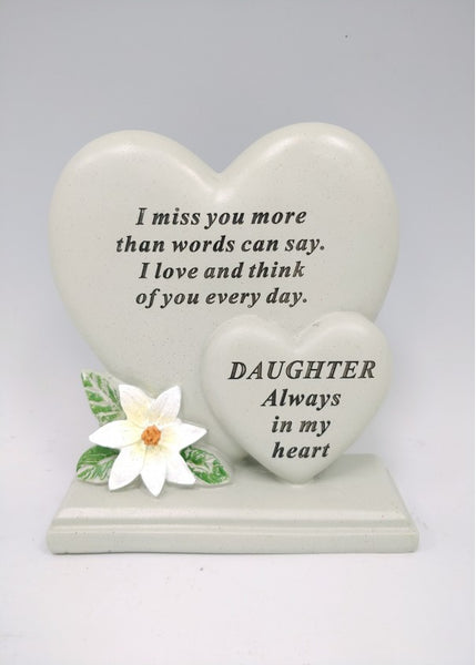 "Daughter, Always in my Heart" Beautiful White Lily Two Love Hearts Memorial Garden / Grave Plaque