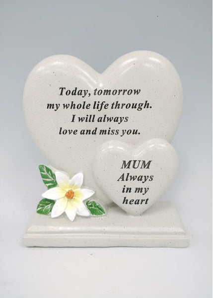 "Mum - Always in my Heart" White Floral Double Love Heart Memorial Grave Plaque