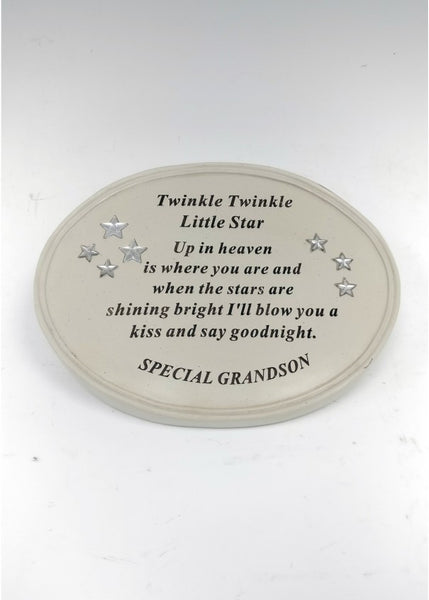 "Special Grandson, Twinkle Twinkle Little Star" Beautiful Memorial Garden / Grave Plaque with Diamante Stars Gems