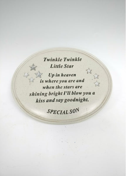 "Special Son, Twinkle Twinkle Little Star" Memorial Garden / Grave Plaque with Diamante Stars Gems