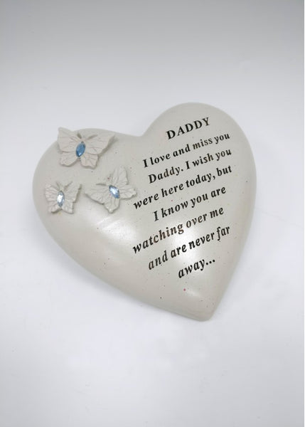 "Daddy, I Love & Miss You" Love Heart Memorial Grave Plaque with Blue Diamante Gems