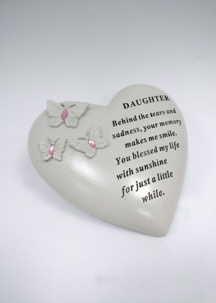 "Daughter" Love Heart Shaped Memorial Garden / Grave Plaque with Butterflies & Pink Diamante Gems