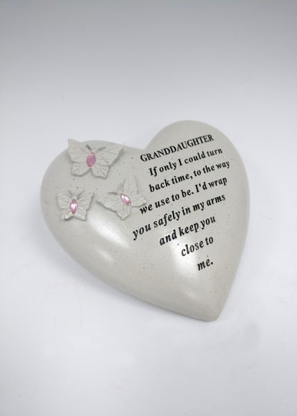 "Granddaughter" Love Heart Memorial Grave Plaque with Butterflies & Pink Diamante Gems
