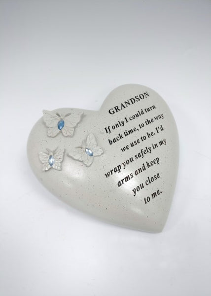 "Grandson" Love Heart Shaped Memorial Garden / Grave Plaque with Butterflies & Blue Diamante Gems