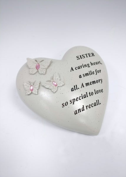 "Sister" Love Heart Shaped Memorial Garden / Grave Plaque with Butterflies & Pink Diamante Gems