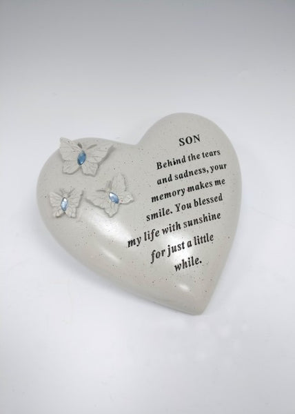 "Son" Love Heart Shaped Memorial Garden / Grave Plaque with Butterflies & Blue Diamante Gems