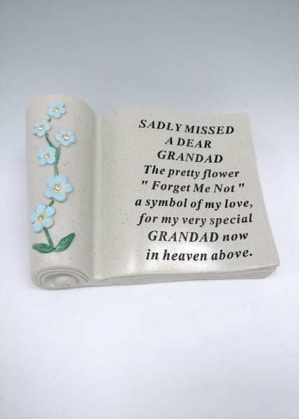 "Sadly Missed, A Dear Grandad" Forget Me Not Floral Memorial Scroll Garden / Grave Plaque