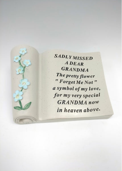 "Sadly Missed, A Dear Grandma" Forget Me Not Floral Memorial Scroll Garden / Grave Plaque