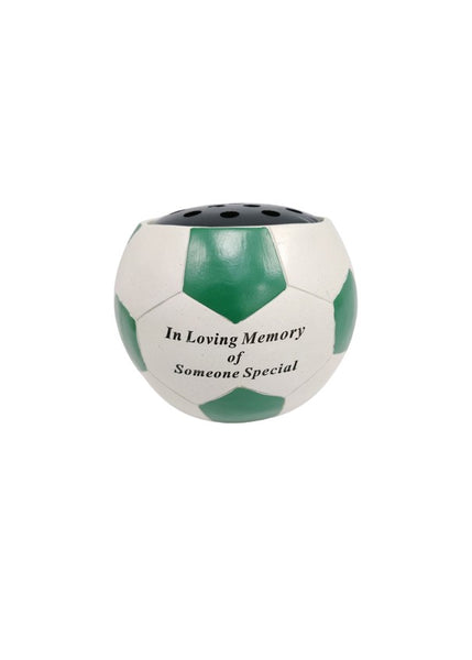 "In Loving Memory of Someone Special" Green Football Shaped Memorial Garden / Grave Flower Vase / Rose Bowl
