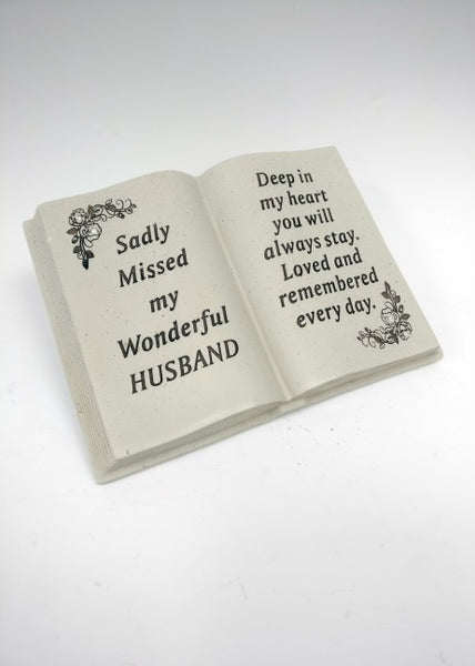 "Sadly Missed, My Wonderful Husband" Memorial Garden / Grave Book Plaque