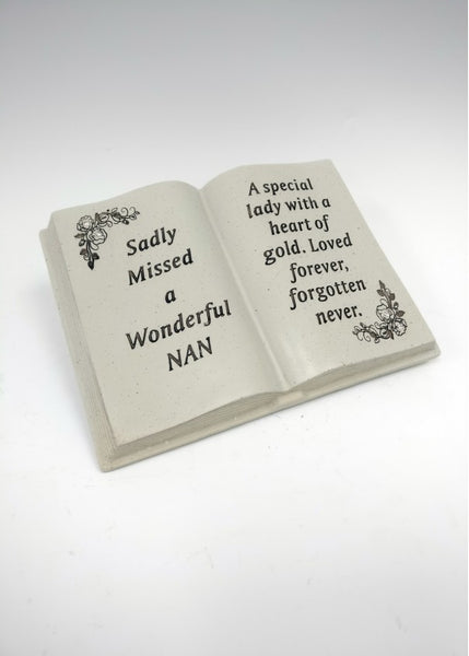 "Sadly Missed A Wonderful Nan" Memorial Garden Open Book / Grave Plaque