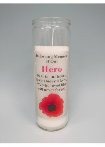 "In Loving Memory of Our Hero" Memorial Candle Glass Jar with Sentimental Verse