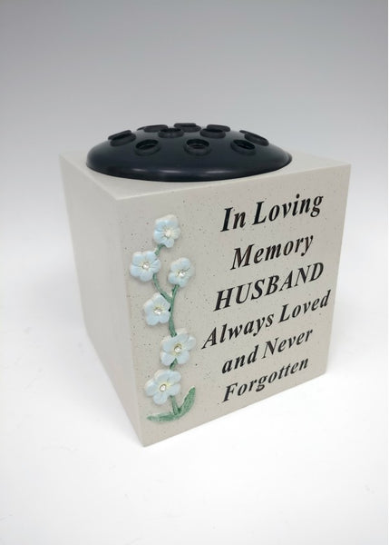 "In Loving Memory - Husband" Forget Me Not's Flowers Detailed Memorial Garden / Grave Flower Vase / Rose Bowl