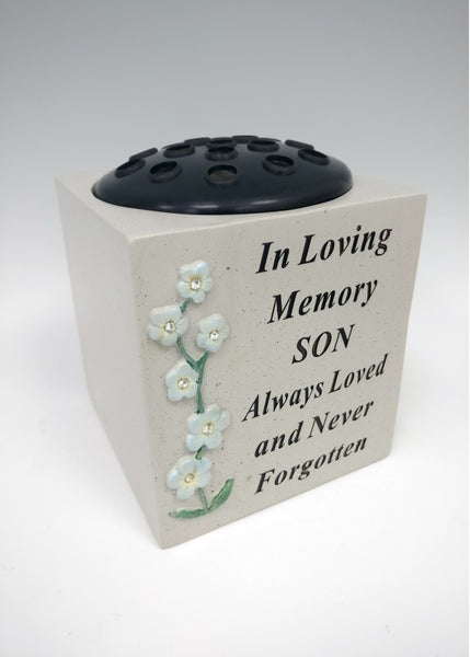 "In Loving Memory Son, Forever in Our Hearts" Forget Me Nots Flower Memorial / Grave Flower Vase