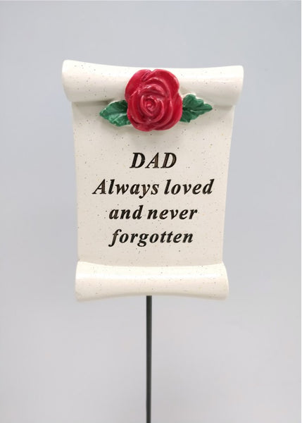 "Dad, Always Loved & Never Forgotten" Beautiful Red Rose Scroll Memorial Garden / Grave Rod / Wand Stick