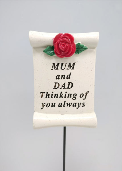 "Mum & Dad, Thinking of You Always" Beautiful Red Rose Scroll Memorial Garden / Grave Rod / Wand Stick
