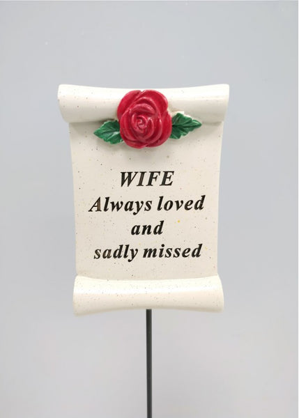 "Wife, Always Loved & Sadly Missed" Beautiful Red Rose Scroll Memorial Garden / Grave Rod / Wand Stick