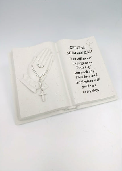 "Special Mum & Dad" Diamante Praying Hands & Rosary Memorial Garden Open Book / Grave Plaque