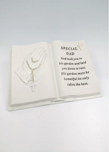 "Special Dad" Diamante Religious Praying Rosary Detailed Memorial Book Garden / Grave Plaque