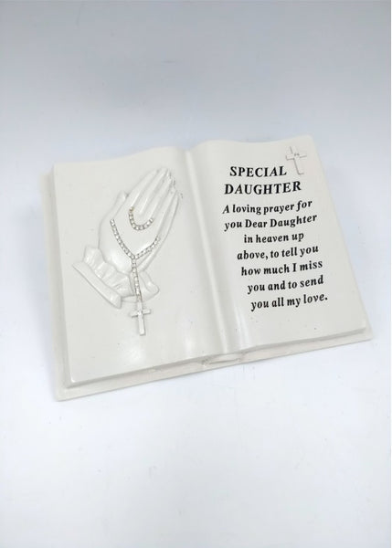 "Special Daughter" Open Book Style Diamante Praying Hands & Rosary Memorial Garden / Grave Plaque Ornament