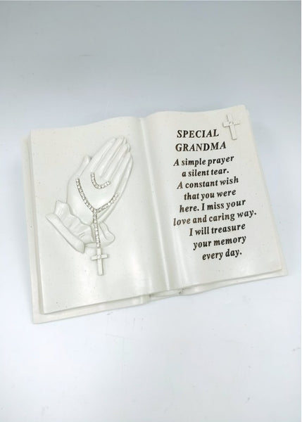 "Special Grandma" Diamante Praying Hands & Rosary Memorial Book Garden / Grave Plaque