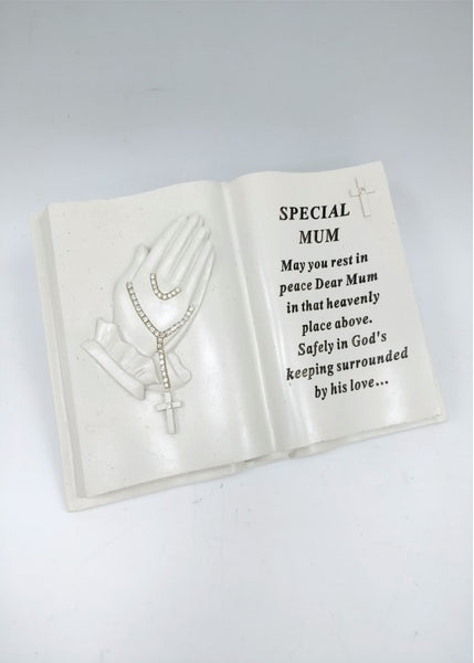 "Special Mum" Diamante Praying Hands & Rosary Memorial Garden Open Book / Grave Plaque
