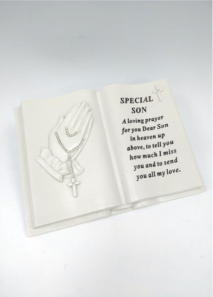 "Special Son" Open Book Style Diamante Praying Hands & Rosary Memorial Garden / Grave Plaque Ornament