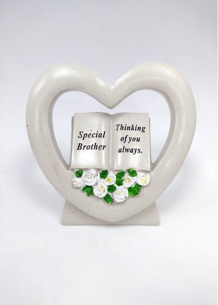 "Special Brother, Thinking of You Always" Love Heart Shaped Memorial Garden / Grave Plaque with Open Book & Floral Detail