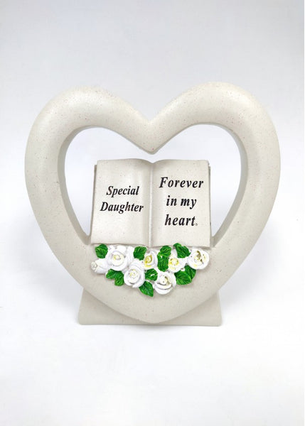 "Daughter, Forever in my Heart" Love Heart Shaped Memorial Garden / Grave Plaque with Floral Detail