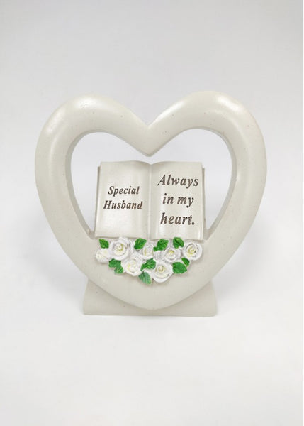 "Special Husband, Always in my Heart" Love Heart Shaped Floral Detailed Memorial Garden / Grave Plaque