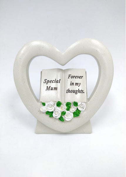 "Special Mum, Forever in my Thoughts" Love Heart Shaped White Floral Memorial Garden / Grave Plaque