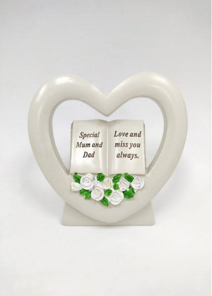 "Sadly Mum & Dad, Love & Miss You Always" White Floral Love Heart Memorial Grave Plaque