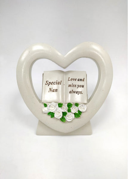 "Special Nan, Love & Miss You Always" Love Heart Shaped White Floral Memorial Garden / Grave Plaque