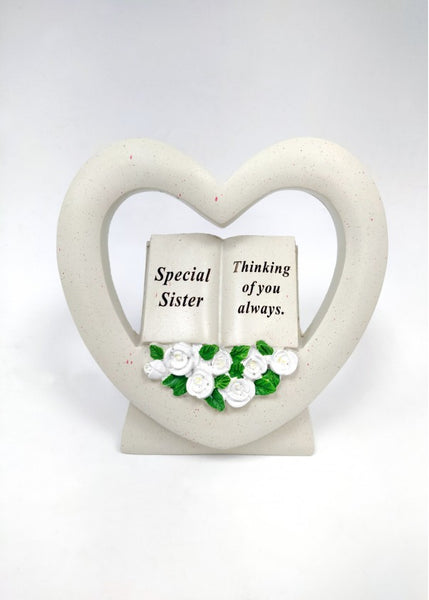 "Special Sister, Thinking of You Always" Love Heart Shaped Memorial Garden / Grave Plaque with Floral Detail
