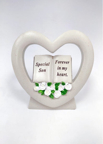 "Special Son, Forever in my Heart" Love Heart Shaped Floral Detailed Memorial Garden / Grave Plaque