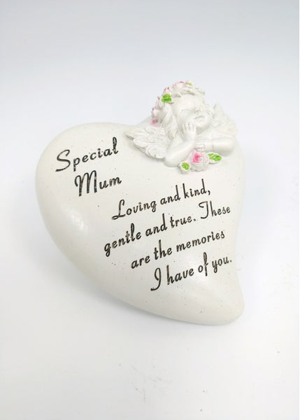 "Special Mum" Love Heart Shaped Cherub Angel Memorial Garden / Grave Plaque