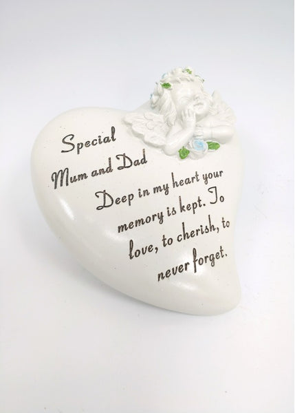 "Special Mum & Dad" Love Heart Shaped Cherub Angel Memorial Garden / Grave Plaque